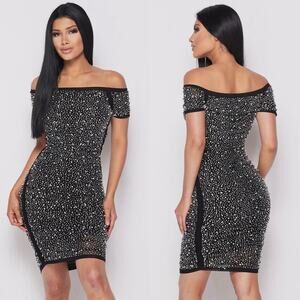 NWT Banjul Rhinestone Pearl Off Shoulder Dress Black Mini Party Bodycon Size S